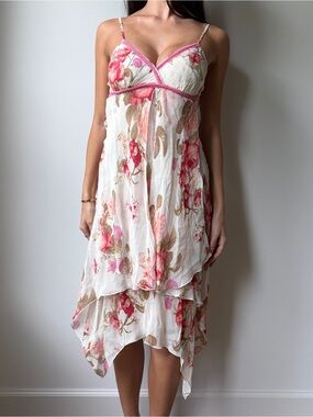 Vintage 3 Suisses Y2K Fairy Dress Bias Cut Rose Floral Chiffon Handkerchief